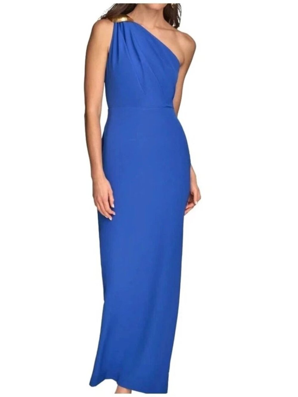 Donna Karan Royal Blue One-Shoulder Metal Hardware Accent Gown